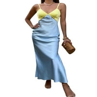 Ženska temperamenta dugačka haljina, ljetni ženski slobodno vrijeme kontrastno spajanje boja V-izrez