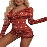 Žene Božićno štampano uzorak pidžama V-izrez dugih rukava Bodycon Playscon crvena novogodišnja spavaća odjeća