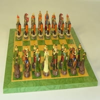 Robin Hood Resin Chessmen na Green Madrona Wood Chess Board