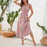 Hanas haljine Ljetni ženski V-izrez cvjetni print struk Halter Halter haljina s kratkim rukavima svijetlo plava M