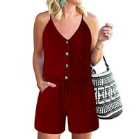 Jumpsuits za ženska modna boja V-izrez V-izrez džep bez rukava ženki Ljetni vrhovi crveni m