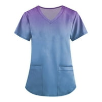 Bicoasu ženski vrhovi, modna radna odjeća s kratkim rukavima V-izrez s džepovima otisnuti vrhovi plavi
