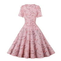 Ljetne haljine za žene okrugli izrez Loose Midi haljina ispisana haljina za odmor kratkih rukava ružičasta