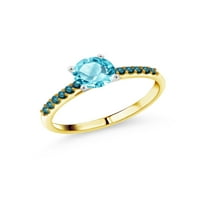 Gem Stone King 1. CT Okrugli švicarski plavi Topaz plavi dijamant 10k žuti zlatni prsten sa bijelim zlatnim zupcima