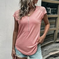 Žene Ljeto vrhovi labavi fit čipka kausual crewneck čipke kratkih rukava majica Zip prednji dizajn bluza