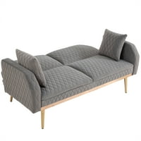 Baršun futon kauč na razvlačenje, kauč kauč sa zlatnim metalnim nogama, udoban loveseat kauč s podesivim uglovima naslona za dnevni boravak mali prostor, sivi kapacitet, sive