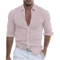 Qiaocaity Plus size za muškarce Čvrsto povremeni ovratnik dugmeta dugih rukava majica pamučna posteljina lagana košulja vruće ružičaste s