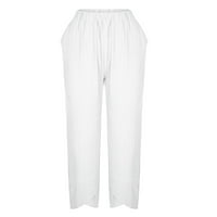 Hlače za žene Visoko struk Žene Casual High Sheit Solid Ljetnje pamučne labave duge ravne hlače bijeli