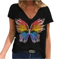Yyeselk Fancy Butterfly Print Žene Tunike Ležerne prilike seksi V-izrez kratki rukovi Ugodne bluze Modni