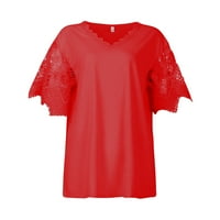 Ženski vrhovi ženske modne čipke patchwork labav V izrez kratki rukav majice crveni xxl