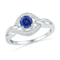 Sterling Silver Women Okrugli laboratorijski plavi safirni solitaire Diamond Ring CTTW