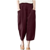 Ženske obrezirane posteljine labave fit boho čvrste pantalone, ležerne elastične struk džepne pantalone