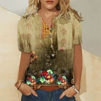 Scyoekwg Womens T majice Ljeto kratki rukav Dugme za okrugli vrat Vintage Cvjetni grafički vrhovi Casual
