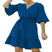 Dmagnates Ženska haljina za vezanje ruffter, odrasli casual solid color s kratkim rukavima V-izrez jednodijelni