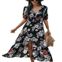 Duga maxi haljina s kratkim rukavima za žene ljetna cvjetna print plaža Seksi V izrez Vintage Side Split haljina