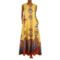 Žene plus veličine Ispiši svakodnevno casual bez rukava Vintage Bohemian V izrez Maxi haljina žuta 4xl