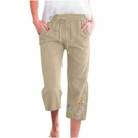 USMixi Womens Plus Veličina obrezirane hlače Ležerne prilike elastične struke pamučne posteljine ravne pantalone Modni srčani grafički džep labavi hlače beige xxl