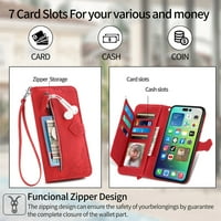 -Lion za iPhone 13, iPhone novčanik za žene muškarci, izdržljiv reljefni PU kožni magnetni nosač patentne patentne kaiševe futrole za ručni remen, crvena