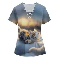 Žene Leylayray Mačke Ispis kratkih rukava V-izrez V-izrez Radna uniforma Pocket Bluza Multi-Color S,