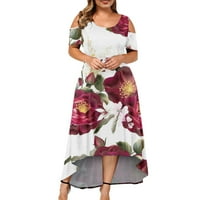 Ženska veličina kratkih rukava modni print Okrugli vrat bez vrata bez igregalne haljine vino XXL