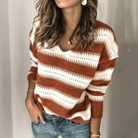 Paptzroi ženski blok s prugama V-izrez dugi rukav pleteni pulover Top dame jeseni zimsku modnu dukseru