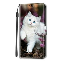 Samimore novčanik za iPhone Pro 6.1 , PU kožna slika boja Kickstand Zglob Strip magnetske kopče Nosači kaznena kartica Šokirana puna zaštitna futrola, bijela mačka