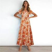 WHLBF Maxi haljine za žene dugih rukava, ženska haljina s vožnjom V-izrez plaža boemska cvjetna ručica