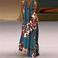 Ljetna haljina za žene Žene New Beveless Print V-izrez Maxi haljina Ljetna zabava CAMI haljina s džepovima