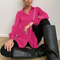 Pgaraug Cardigan za žene Elegantna majica s dugim rukavima Lapel sjajna saten majica Ženske vrhove vruće ružičaste XL