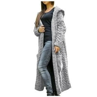 Ženski kardigan Pleteni džep džemper sa kapuljačom od pune boje dugačke zimske ženske kardigante