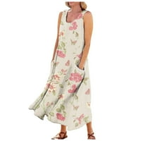 Haljine za žensku dužinu bez rukava dužine V-izreza otisnute ljetni elegantan datum ženke sa džepovima