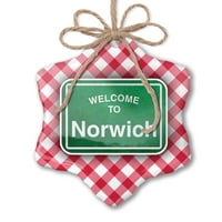 Božićni ukras zeleni putni znak Dobrodošli u Norwich Red Plaid Neonblond