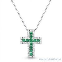 0,30CT Okrugli rez Smaragd & Diamond Pave Cross & Chain ogrlica u 14k bijelo zlato
