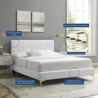 Okvir za krevet platforme, kraljevska veličina, baršun, bijela, moderan suvremeni urbani dizajn, Spavaća