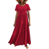 Haljine za žene tiskane maxi a-line kratki rukav modni scoop vrat ljetna haljina crvena xl
