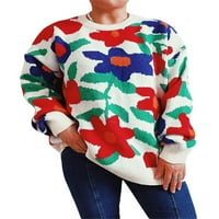 Gureui ženski ležerni džemper, dugi rukav okrugli vrat cvjetni uzorak labav fit jesen zimski pleteni