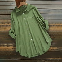 Bluze za žensko dugme dole Ležerne prilike dugih rukava košulja od punog rukava lagana dnevna labava pamučna posteljina Green XXXL