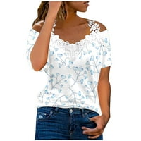 Ženski V-izrez čipke za patchwork vrhove kratkih rukava T-majice tiskane majice Tuničke vrhove bluza XL