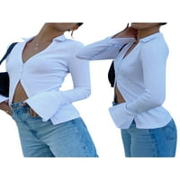 Ženski gumb prema dolje vrhovi dugih rukava V izrez Slim Fit Revel majice