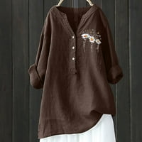 Caveitl majice za žene, ženska modna štampa ležerna majica dugi rukav gumb V-izrez pamuk i posteljina