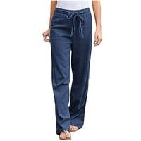 Prilagođene široke pantalone za noge za žene čvrste pamučne posteljine kašike ravne duge pantalone Khaki ženske hlače sa džepovima m