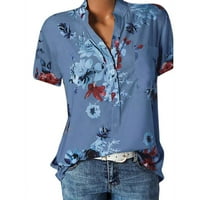 Bluze za ženske košuljene ležerne cvjetne majice Henley labavi fit kratkim rukavima plavi s