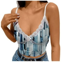 Gotyoo Proljetni vrhovi ženske tanke V-izrez rezervoar od ramena čipkasti otisak halter bluza majica