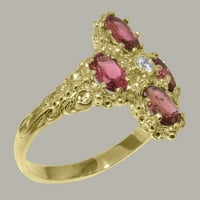 Britanska napravljena 9k žuto zlato prirodni dijamant i ružičasti turmalinski ženski Obećani prsten - Veličine opcije - Veličina 4.5