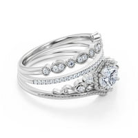 Antique Milgrain Art Deco 2. Okrugli rez Crown Diamond Moissite Angažman prsten, ugravirani vjenčani prsten, dva podudarna traka u 10K čvrsto bijelo zlato, poklon, prsten obećanja, prsteni za obećanje, prstenovi