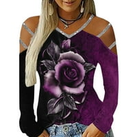 Ženska majica Casual Rose Print Torp V izrez sa ramena dugih rukava majica Top pokloni za žene