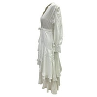 Bijela tri nepravilne ruffles V izrez dugih rukava Swing haljina maxi ljetna ženska haljina