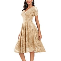 Ženska moda Vintage V-izrez Kratki rukav kontrast dovetail tanka čipkave večernje haljine m