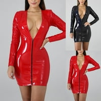Ženska duboka V-izrez Party Bodycon Fau kožna haljina PVC Wetlook Clubwear crvena 2xl
