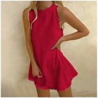 Žene Ljeto skelopirane triske haljine bez rukava bez rukava na plaži Čvrsta boja Crew Crew Mini Casual Compy Thirt haljina crvena l